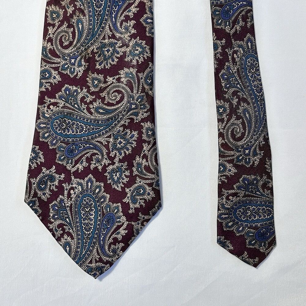 Men's 100% Silk Tie Hand Sewn 4” Burgundy Blue Paisley JUSTIN DAVID Tradition
